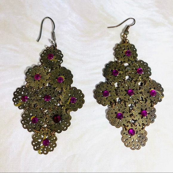 HP🌸 Linked bronze lacey articulate dangle Earrings fuchsia rhinestones - Picture 2 of 3